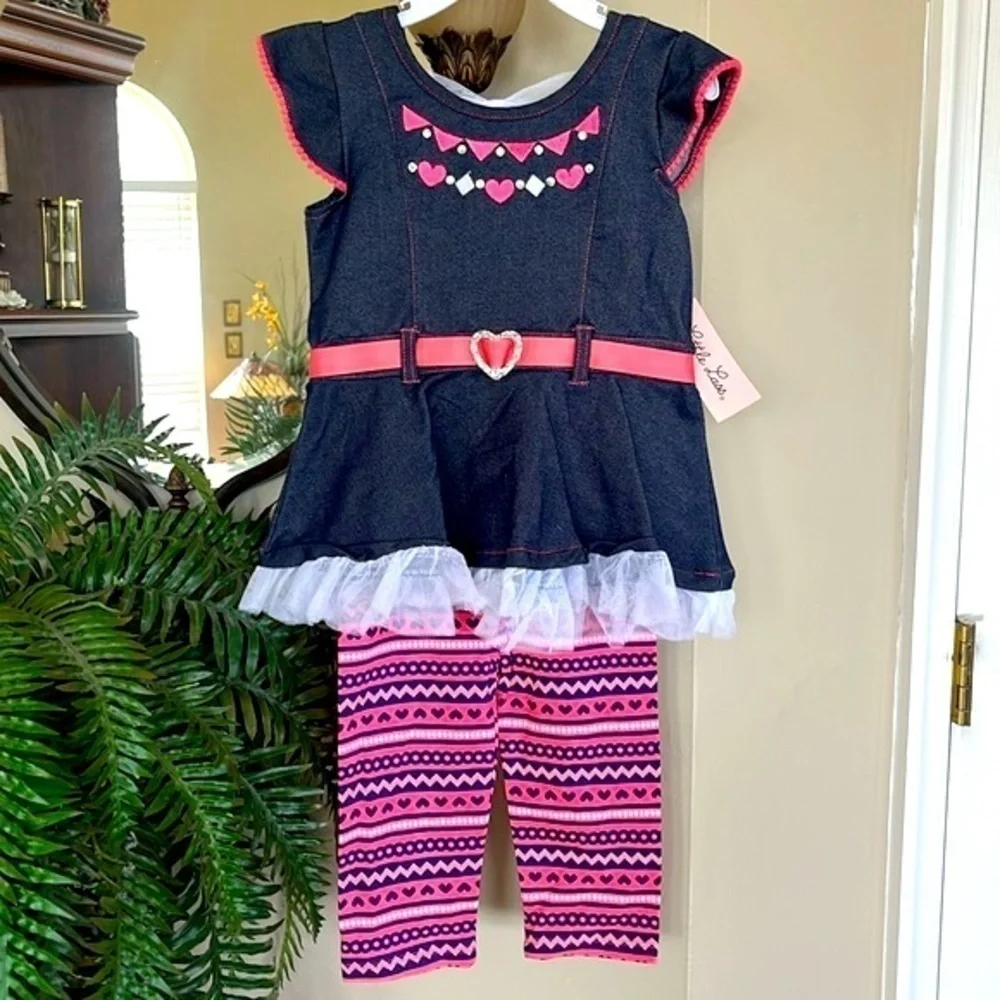 Brand New Little Lass 2-Piece Set Western Cowgirl Heart Ruffle Striped Leggings